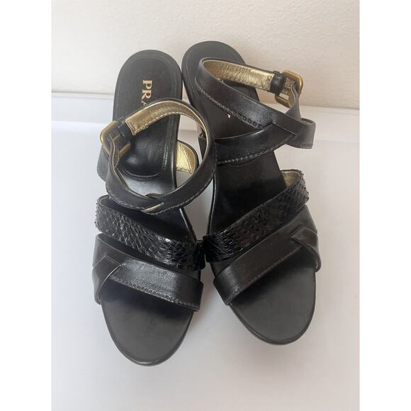 PRADA Black Leather Platform Wedge Sandals Ankle Strap Heels EU 39 US 9 - Picture 4 of 14